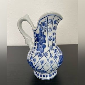 Vintage Asian Inspired Pitcher Blue & White Floral Stoneware 6.5"H